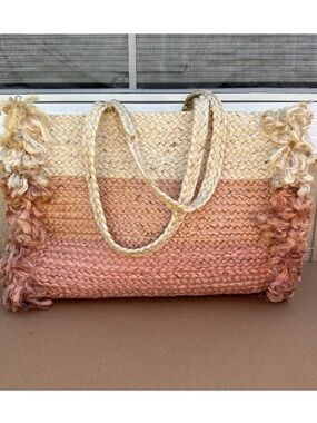 Shiraleah Chiara Ombré Jute Tote Bag Fringe Beach Cruise Pink Coral Peach NWOT